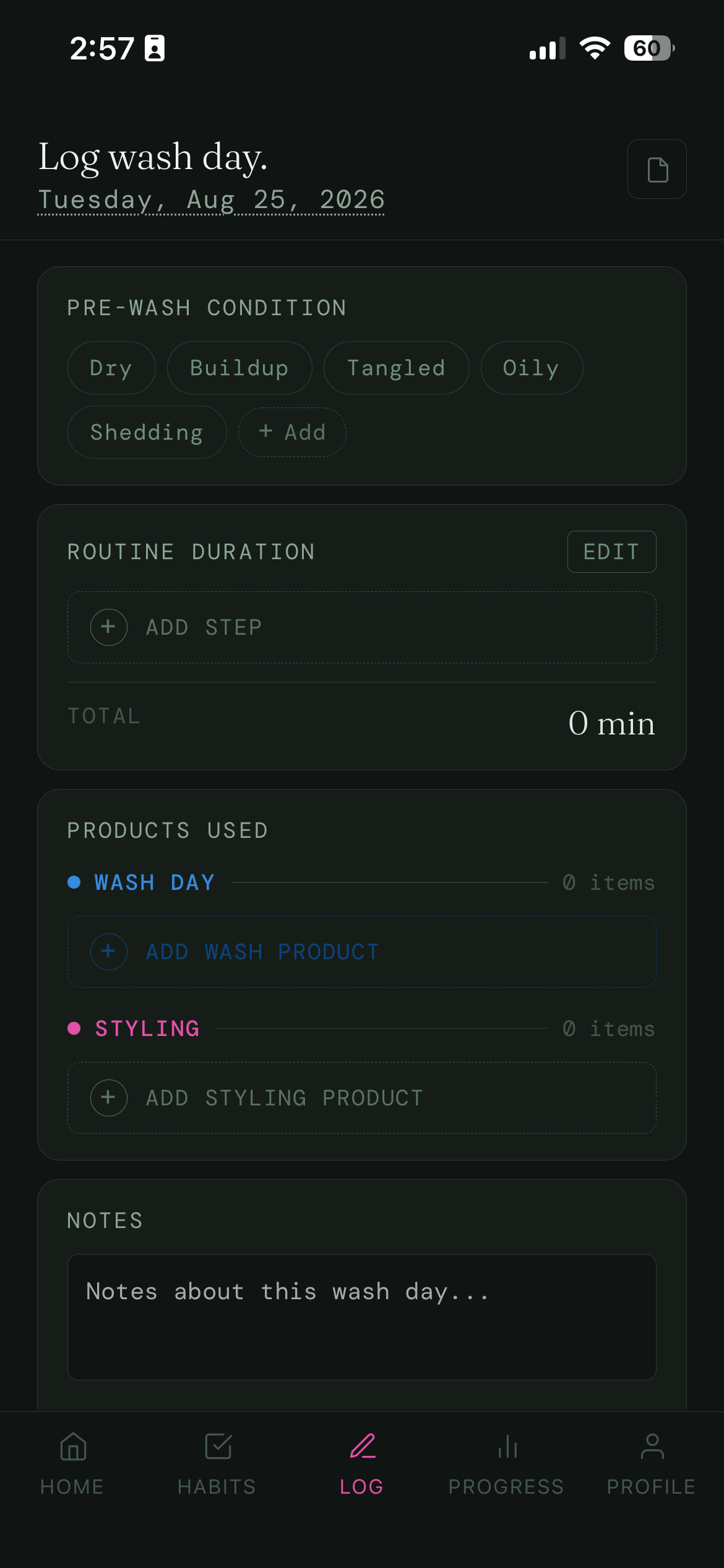 STRAND log wash day screen with condition tags and product fields