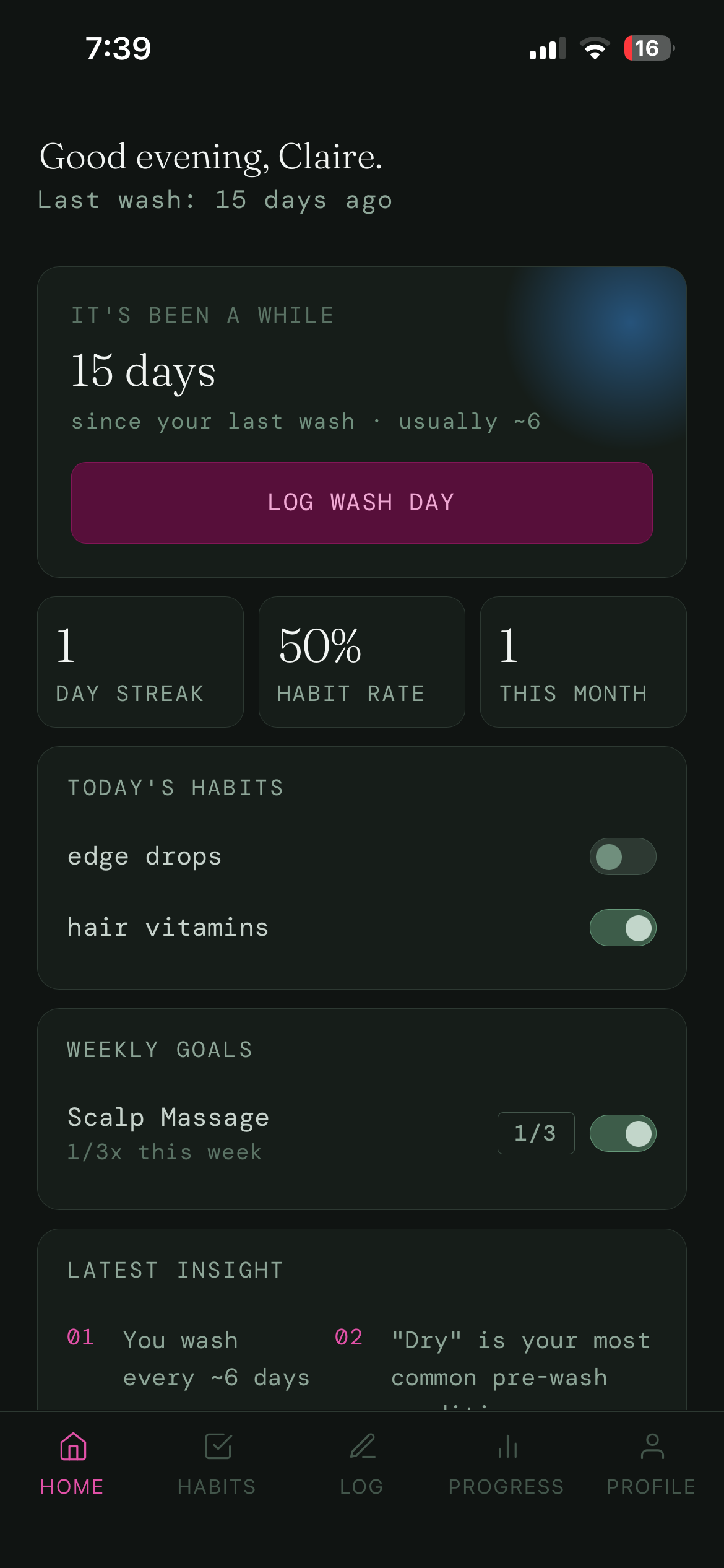 STRAND home screen greeting Claire, with a log wash day prompt